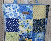 Patchwork bag, Moda 39 Summer Breeze 39 fabrics. Blue yellow. Quilted shoulder tote, knitting, project bag, festival, student. W16 quot x H13 quot
