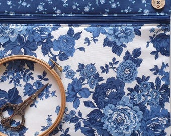 Blueprint project bag, 'Heirloom' by Camille Roskelley. W14"xH11" for cross-stitch, embroidery, needlework WIPs. Softly padded storage.