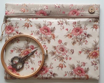 French General Joie de Vivre project bag, W14"xH11". Softly padded, handmade storage pouch for needlework, embroidery, cross-stitch WIPs.