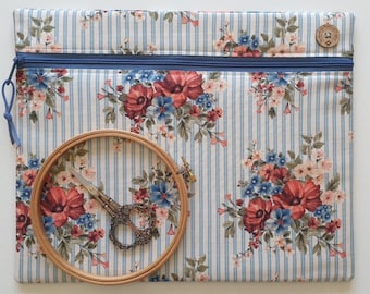 Farmhouse Sampler project bag W14" x H11". Softly padded pouch for cross stitch embroidery needlework WIPs. Country floral stripe.