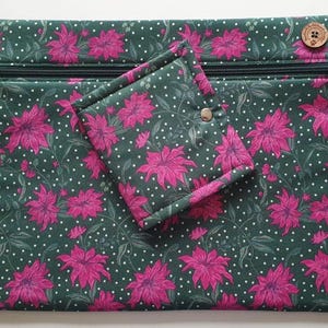 May include: A dark green fabric set featuring a large zippered pouch and a smaller wallet. Both items are adorned with a floral pattern in shades of pink and white dots. The pouch has a wooden button detail.