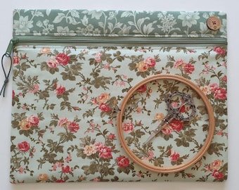 Ambiance project bag W14" x H11". Softly padded pouch for cross stitch embroidery needlework WIPs. Romantic florals.