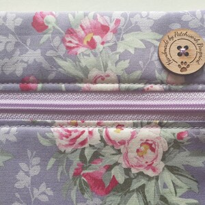 Tilda vintage roses project bag W14 x H11. Softly padded pouch for cross stitch embroidery needlework WIPs. Lilac, mauve, purple. image 2