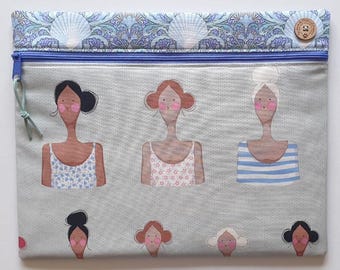 Tilda 'Bathing Ladies' project bag. W14"xH11". Padded storage pouch for cross stitch, EPP, craft WIPs.  Cotton Beach collection.