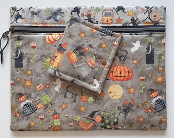 Bolsa para proyectos «Espeluznante» de Teresa Kogut con compartimento opcional para hilos. Halloween, brujas, búhos, calabazas. Suavemente acolchada. Ideal para proyectos de punto de cruz y bordado en curso.