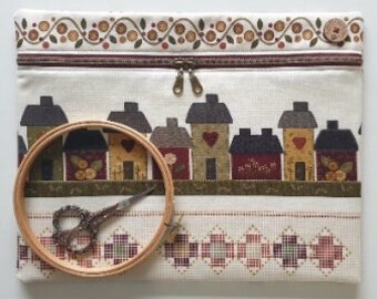 Ready to ship Home Sweet Home project bag W14" x H11". Softly padded pouch for cross stitch embroidery WIPs. Folk, primitive, houses.