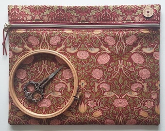 William Morris Crimson Rose project bag, W14"xH11". Softly padded, handmade storage pouch for needlework, embroidery, cross-stitch WIPs.