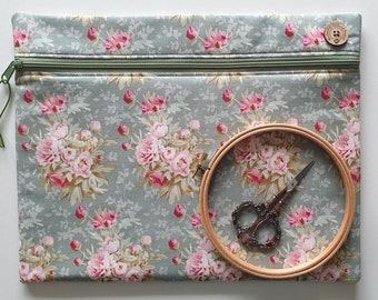 Tilda vintage roses project bag W14" x H11". Softly padded pouch for cross stitch embroidery WIPs. Sage green & pink.