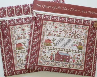 Queen of the May 'Ann Watson 1839' sampler-print panel cross stitch project bag. Handmade to order. Print lining. Hands Across the Sea.