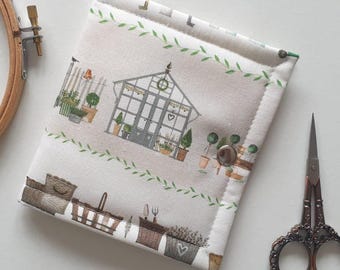 Country Garden thread/floss keeper. ORT saver for cross stitch, embroidery threads. 5.5"x 10" open. Greenhouses, hens, geese. Acufactum.