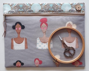 Tilda 'Bathing Ladies' project bag. W14"xH11". Padded storage pouch for cross stitch, EPP, craft WIPs.  Cotton Beach collection.