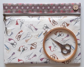 Maison Sajou embroidery scissors project bag with French General. 14"x11" for cross-stitch, needlework WIPs. Softly padded pouch.