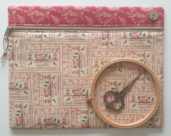 Large sampler-print project bag W14"xH11" for cross stitch WIPs. Alice M Tippett's work 1894, with French General fabric.