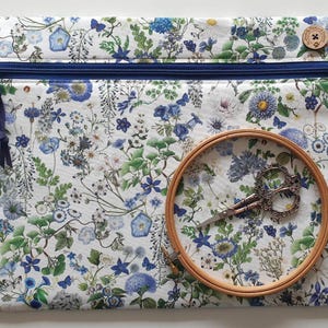Canterbury blue floral project bag, 14"x11", for cross-stitch, needlework WIPs. Softly padded pouch. Westfalenstoffe fabric.
