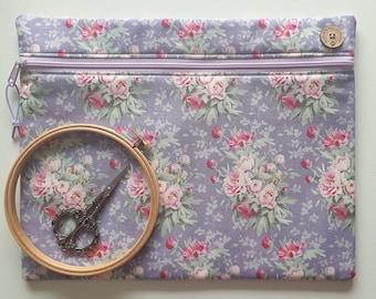 Tilda vintage roses project bag W14" x H11". Softly padded pouch for cross stitch embroidery needlework WIPs. Lilac, mauve, purple.