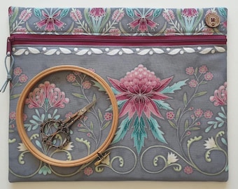 Melba project bag W14" x H11". Softly padded pouch for cross stitch embroidery needlework WIPs. Metallic deco floral. Print lining.