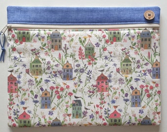 Pretty houses project bag for cross-stitch, embroidery, WIPs. W14"xH11".  Softly padded.  Fabric by Acufactum. Cottages, birds, flowers.