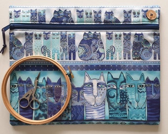 Project bag W14" x H11". Laurel Burch cat print fabric 'Feline Frolic'. Softly padded pouch for cross stitch embroidery WIPs.