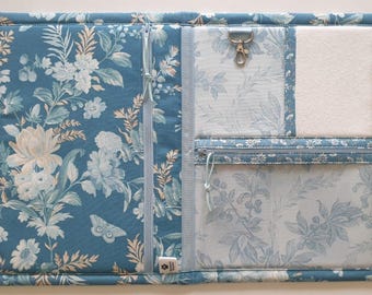 Sewing Bird cross-stitch companion/clutch for notions. 2 zipped pockets, floss-drops clip, thread bed. 18"x12" open. Edyta Sitar fabrics.