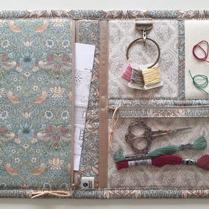 Può includere: Organizer per artigianato aperto con un motivo floreale e di uccelli in verde acqua, beige e marrone. Contiene filo da ricamo, forbici, aghi e un modello. Progettato per riporre e organizzare materiali per l'artigianato.