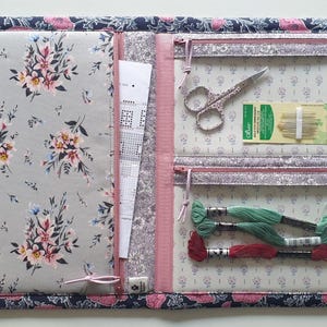 May include: A fabric sewing organiser case featuring a dark blue floral border and a light grey floral interior. The case includes a zippered pocket, a paper pattern, two additional zippered compartments, metal scissors, and embroidery floss.