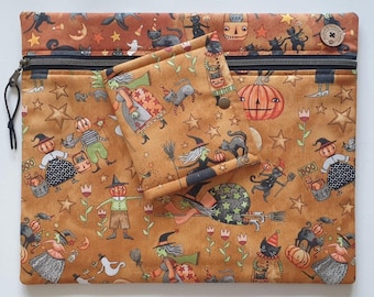 Bolsa para proyectos «Espeluznante» de Teresa Kogut con compartimento opcional para hilos. Halloween, brujas, búhos, calabazas. Suavemente acolchada. Ideal para proyectos de punto de cruz y bordado en curso.