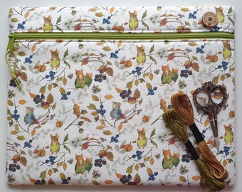 Bramble mice project bag W14"xH11" for needlework, crafts, cross-stitch, embroidery, EPP, WIPs. Fully lined. Zipped pouch. Acufactum.