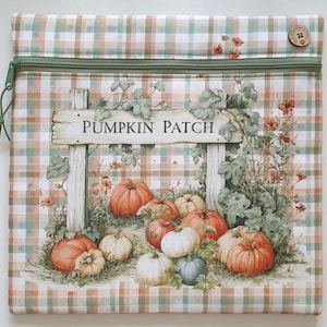 Torba na projekt „Pumpkin Patch”. Materiał „Hands Across The Sea” z podszewką w kolorze kości słoniowej. Woreczek do przechowywania haftu krzyżykowego i robótek ręcznych. Jesień.