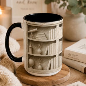 May include: A ceramic mug with a black handle and interior, featuring a wrap-around print of a marble-textured bookshelf. The shelves display various books, a telescope, a globe, and vases with dried plants, creating a detailed library scene.