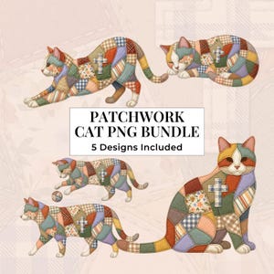 Könnte beinhalten: Eine digitale Sammlung von fünf Patchwork-Katzenillustrationen mit verschiedenen Stoffmustern in gedeckten Farben. Jede Katze hat ein Kreuz-Emblem an der Seite. Der zentrale Text lautet PATCHWORK CAT PNG BUNDLE 5 Designs Included.
