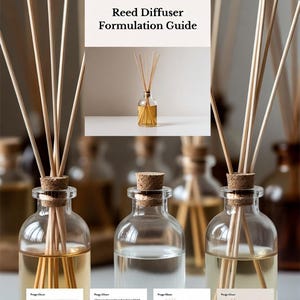 Könnte beinhalten: Klare Glasflaschen mit Korken und Holzstäbchen, gefüllt mit Flüssigkeit. Das Bild enthält eine PDF-Anleitung mit dem Titel "Reed Diffuser Formulation Guide". Die Anleitung zeigt Diagramme und Informationen zu Reed-Diffusoren.