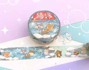 15 mm | *NOUVEAUTÉ* Rubans adhésifs Washi de la série Life de BGM | Chat Nekoyu Summer Onsen | Feuille d'argent