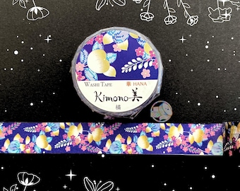 15 mm | Ruban adhésif Washi de la série Kimono KAMIISO SAIEN | Design Agrumes sauvages (Tachibana) | Feuille d'or