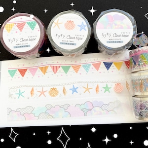 Cinta adhesiva transparente KiraKira PET de 20 mm de WORLD CRAFT con lámina plateada / Guirnalda de banderines, conchas marinas y nubes de algodón de azúcar