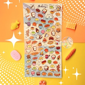Könnte beinhalten: Ein Stickerbogen mit verschiedenen Cartoon-Backwaren, darunter Brot, Gebäck und Kuchen, jeweils mit einem lächelnden Gesicht. Die Aufkleber befinden sich auf einem hellblauen Hintergrund mit dem Text "FUNWARI Bakery's". Der Hintergrund ist gelb und orange.