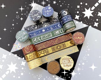 20mm | BGM Stellar Grimoire Star Magic Book Washi Tapes | Ao, Spirit, Flame, Sacred, Light, Darkness | Silver & Gold Foil