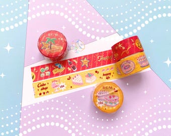20mm | BGM Washi Tapes | Red Vacation, Yellow Cake | Red & Gold Foil