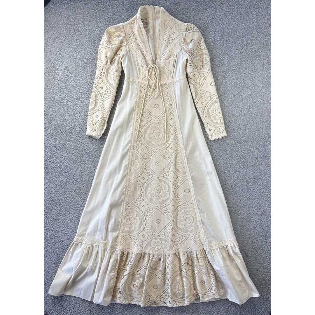 Vintage Gunne Sax Dress Size 7 Crochet Lace Corset Prairie Cottagecore ...