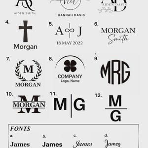 May include: A digital display sheet titled FINE LEATHER TREASURES MONOGRAM featuring twelve distinct black ink monogram designs numbered 1 through 12, followed by a FONTS section labeled a through h showcasing various typography styles for customization.
