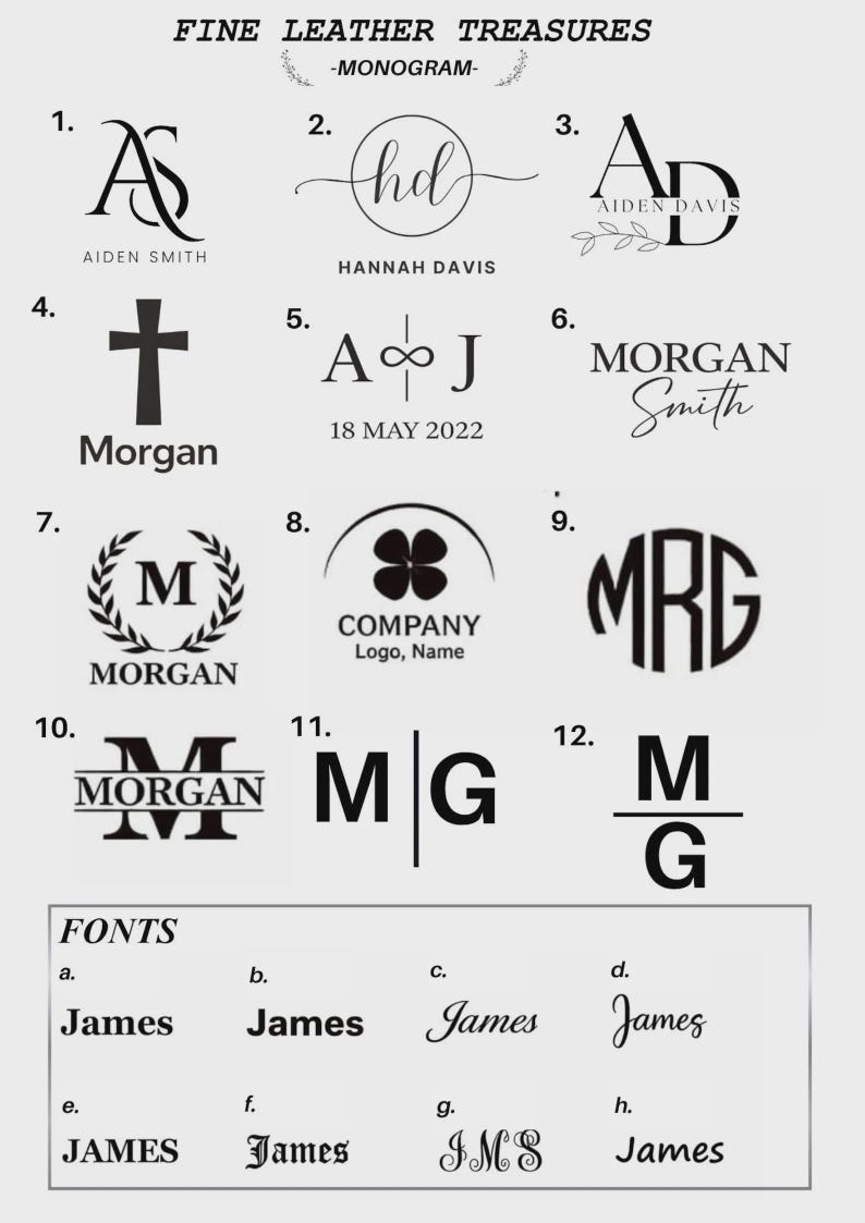 May include: A digital display sheet titled FINE LEATHER TREASURES MONOGRAM featuring twelve distinct black ink monogram designs numbered 1 through 12, followed by a FONTS section labeled a through h showcasing various typography styles for customization.