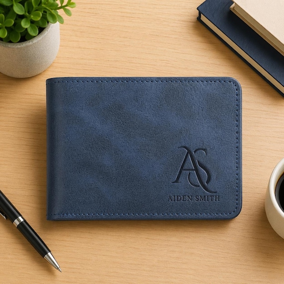 Personalized Leather Wallet for Men, Engraved Name Wallet, Slim Bifold Wallet, Custom Gift for Him, Anniversary Birthday Gift, Custom Logo