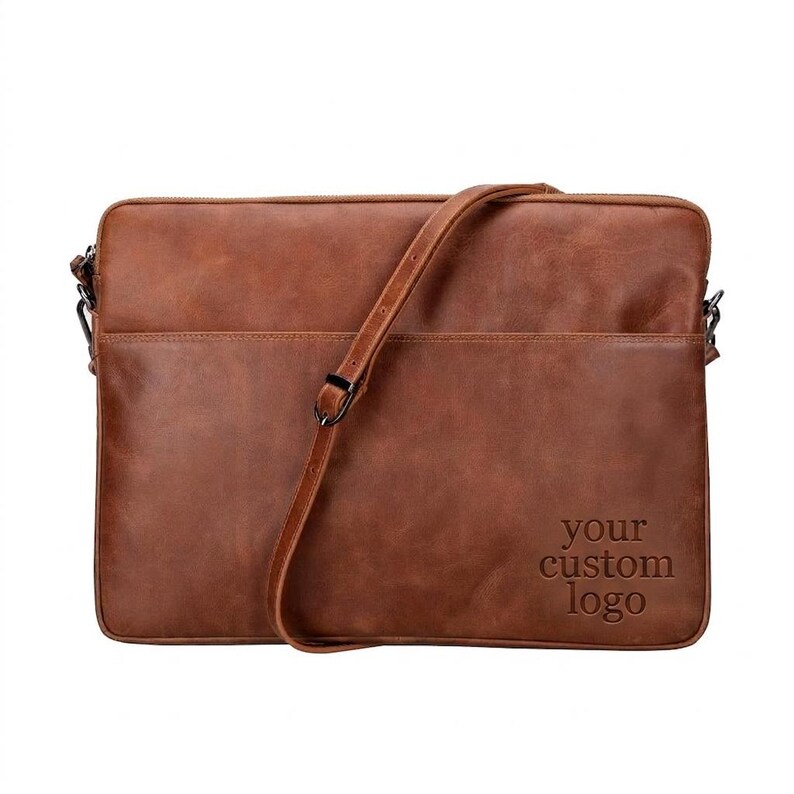May include: A brown leather laptop bag with a rectangular shape, a front pocket, and an adjustable shoulder strap. The bottom right corner features the embossed text "your custom logo" in a simple, clean, sans-serif font style.
