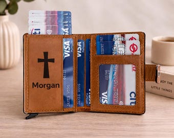 Leather Custom Pop Up Wallet, RFID Mechanical Card Holder, Mens Wallet, Gifts for Him