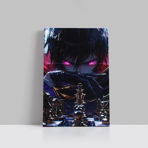 Puede incluir: Un lienzo rectangular que muestra un personaje de estilo anime con cabello oscuro y ojos magenta brillantes, apoyando la barbilla sobre manos enguantadas. En primer plano, un juego de ajedrez metálico está dispuesto sobre un tablero reflectante.