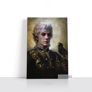 May include: A rectangular canvas print featuring a portrait of a pale individual with white hair and pointed ears, wearing a dark jacket with gold embroidery and a ruffled collar. A black raven is perched on their hand against a golden halo background.