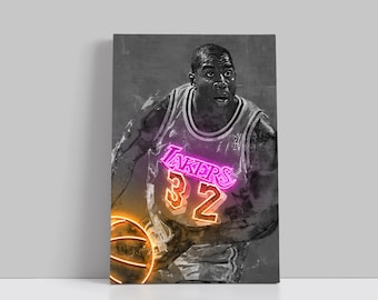 May include: A canvas print of a basketball player in a Lakers jersey, number 32, dribbling a basketball. The jersey and basketball have a neon glow effect against a gray background.
