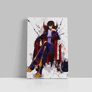 May include: A rectangular canvas print featuring a stylized anime character with dark hair sitting in a chair. The character wears a high-collared dark blue and red outfit with gold accents and a white cravat. The background has a white splatter effect.
