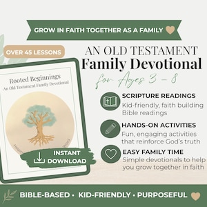 Peut inclure: Un livret de dévotion familiale de l'Ancien Testament pour les âges 3-8, avec des lectures bibliques, des activités manuelles et un temps familial facile. La couverture affiche "Rooted Beginnings" avec une illustration d'arbre. Plus de 45 leçons, téléchargement instantané.