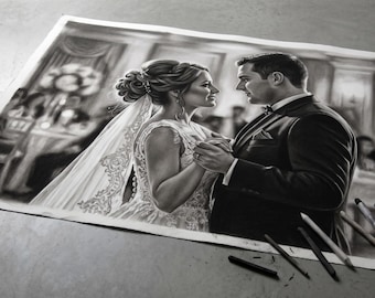 Custom Wedding Portrait from Photo, Charcoal Couple Sketch, 1st Anniversary Paper Gift for Wife, Hand Drawn Marriage Drawing