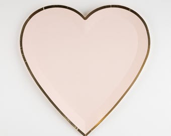 Platos de papel con forma de corazón rosa ruborizado y borde dorado para San Valentín (paquete de 8)